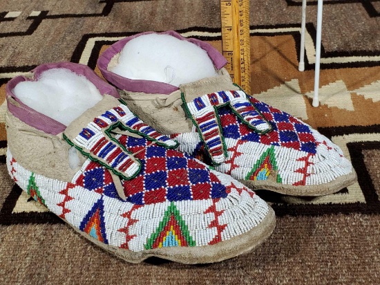 Pair of 11" Vintage Native American Hand Beaded Moccasins with Blue and Red Quilted Design