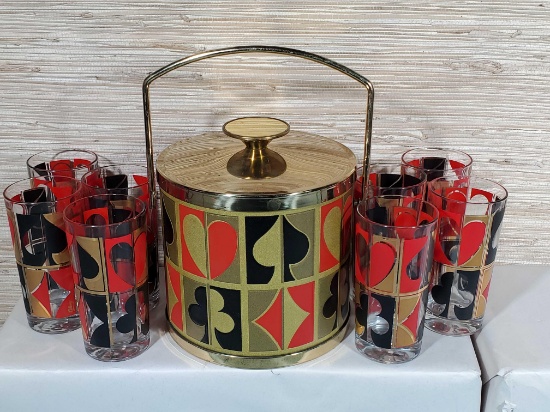 Mid Century Set of 8 Colony Deck of Cards Glasses with Matching Ice Bucket