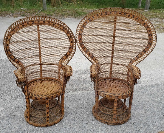 His and Hers Emmanuel Vintage 1970s Wicker Peacock Chairs