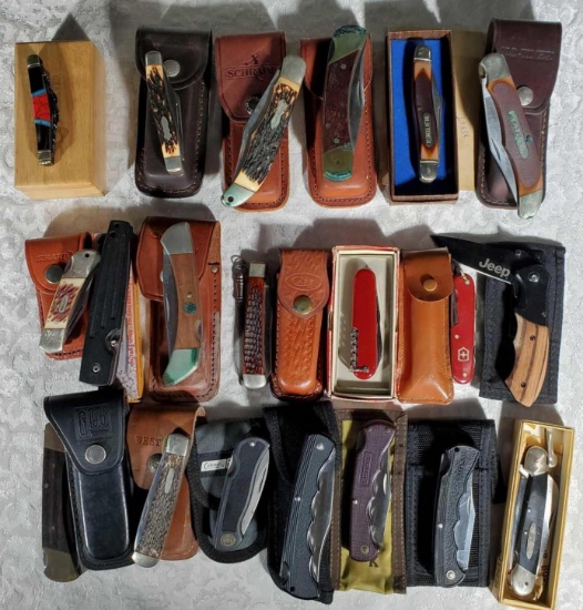 Lot Of 21 Folding Pocket Knives Some With Sheaths
