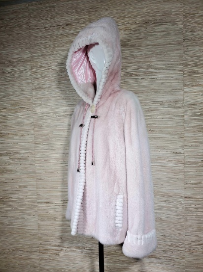 Gorgeous Dyed Pink Mink Coat with Hood