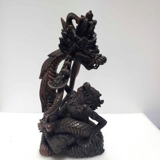 Master Carved Wooden Statue Of The Monkey Warrior Hanuman And The Snake Naga.