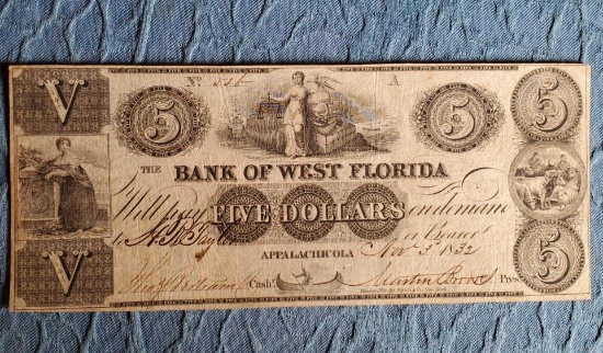 Nov 3 1832 Bank of West Florida Appalachacola 5 Dollars Bank Note