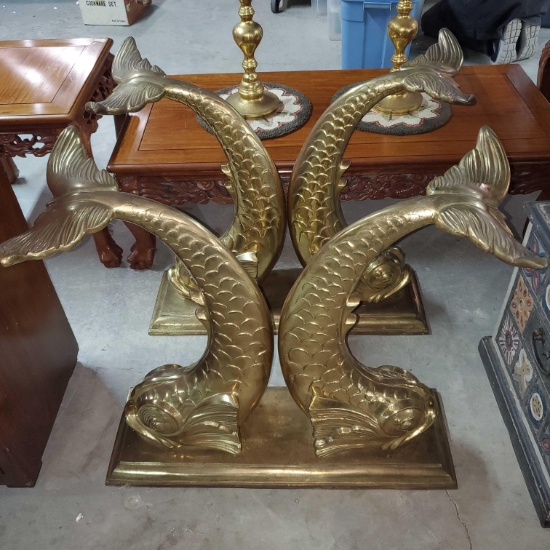 Pair Of Solid Brass Double Dolphin Table Bases For Single Dining Table