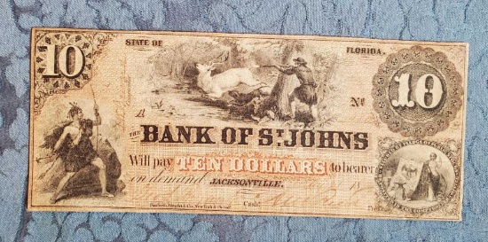 $10.00 Bank of St John's 1859 Note (Jacksonville) Florida