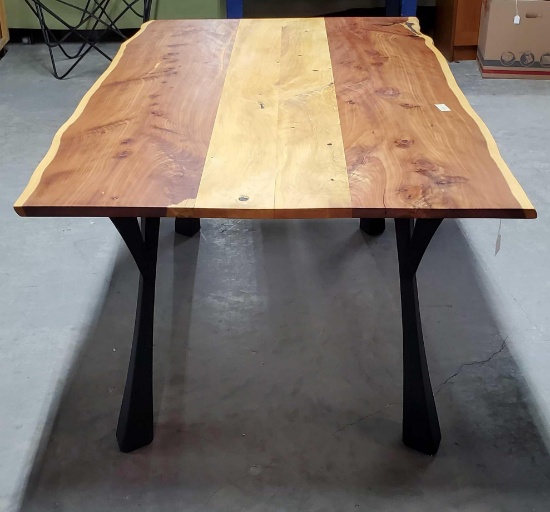 Natural Edge Cedar Slab Table Raised on Splayed Metal Legs
