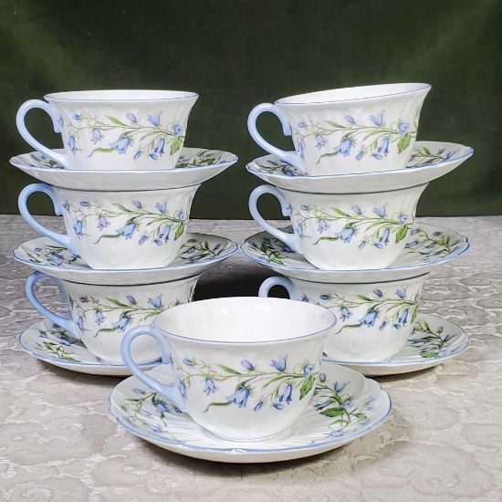 7 Shelley Bone China Oleander Shape Harebell Cups and Saucers