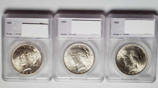 3 Slabbed MS Quality BU US SIlver Peace Dollars - 1922, 1924 and 1925
