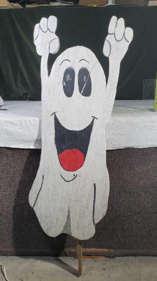 51" Tall Vintage Halloween Hand Painted Plywood Ghost Cut Out Lawn Kitsch
