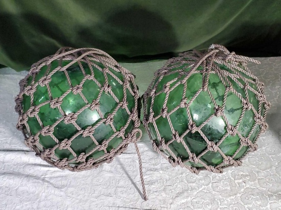 Vintage Pair Of 12" Green Hand Blown With Pontil And Vintage Netting Crab Trap / Net Floats