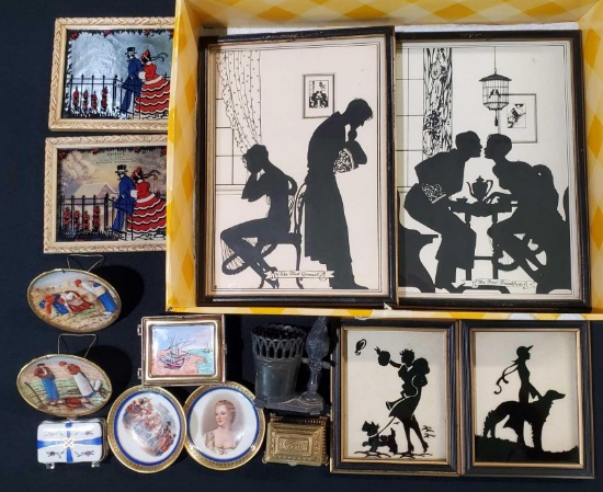 Tray Lot of Silhouettes and Trinket Boxes