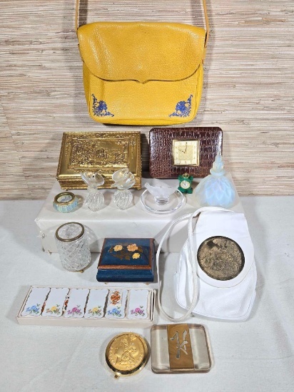 Ladies Lot Incl. Leather Handbags, Hinged Boxes, Lalique Perfume Bottles & Trinket Dish, & More