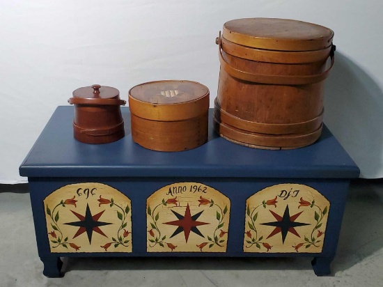 Hand Painted Hope Chest, Shaker Style Box and 2 Firkins
