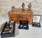 Antique Inlay Hinged Box, 3 Italian Carved Wood Anri Figures, & Antique Cufflinks and Collar Buttons