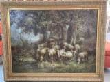 Large Pastoral Sheep Oil Painting After Thomas Barron