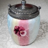 Mt Washington/ Webb Rainbow Mother of Pearl Satin Glass Window Optic Hand Enameled Biscuit Jar