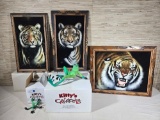 3 Vintage Tiger Black Velvet Paintings Plus 2 Kitty's Critters Sculptures in Boxes