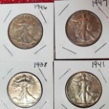4 MS Grade US Silver Walking Liberty Half Dollars - 1938, 1941, 1946, & 1947