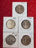 5 US Silver Walking Liberty Half Dollars Incl....1917-S Obverse,... 1939, 2 1942, 1947-D