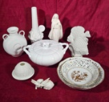 10 Pcs. of White Porcelain Figurines, Bowls, Vases, Etc.