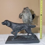 Bronze Fish Sculpture Vessel and Bronzed Finish Dog Statue