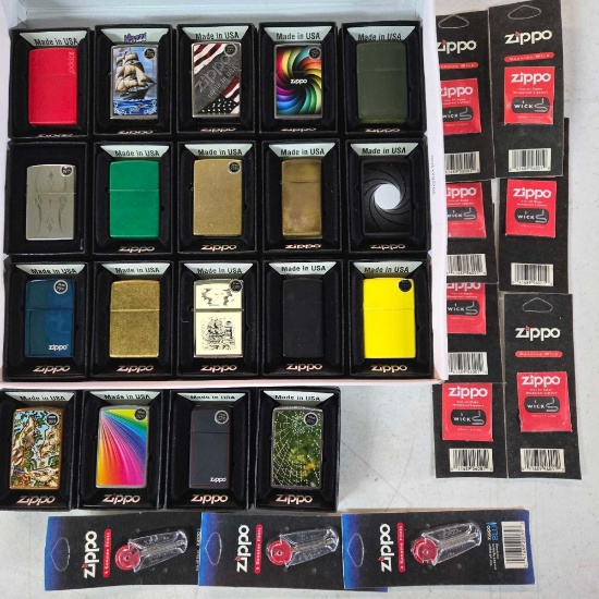 19 Zippo Lighters in Original Boxes with 7 Wick Packs and Sets of Flints