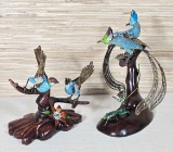 Pair of Vintage Chinese Export Sterling Silver Enameled Birds on Perch
