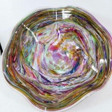 * Fabulous Signed Tutti Frutti Hand Blown Art Glass Bowl With Cast Foot And Wavy Edge