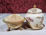 * Royal Worcester Porcelain 1903 Blush Finish Potpourri Bowl and Biscuit Jar with Liner