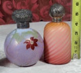 2 Late 1800s Fancy Art Glass Perfume Bottles with Sterling Lids and Mounts incl S&W Pompeiian Swirl