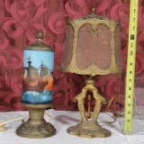 * Vintage Glass Cylinder Shade Novelty Lamp with Hand Painted Ship Design