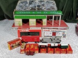 Toy Railroad Marx Station, Lionel Bridge, 4 -027 Guage Cars, 9 Triang & 1 Rivorossi HO Cars in Boxes