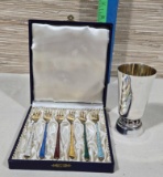 Sterling Silver - Set of 6 Denmark Enameled Cocktail Forks and Jewish Kiddush Cup