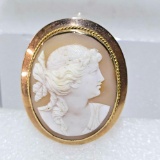 Wonderful Shell Cameo portrait With 10K Yellow Gold Frame And Pinback