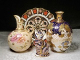 * 4 Pcs Royal Crown Derby Fine China Vases, Cat and Plate