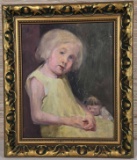 Antique Oil on Board Painting of Young Girl in Yellow Dress by Pierre Villain