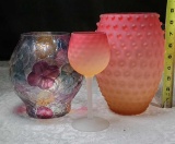 Frosted Amberina Vase, Goblet and Floral Art Glass Vase with Stained Accents