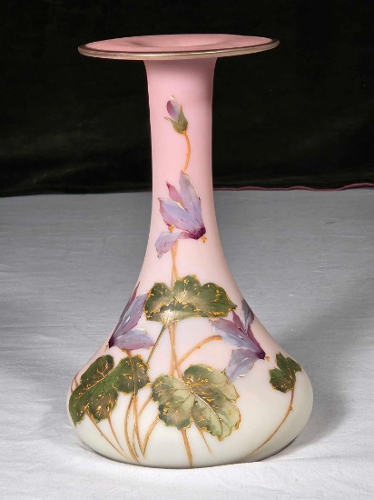 Webb Burmese 9 1/2" Vase with Cyclamen Flower and Leaves