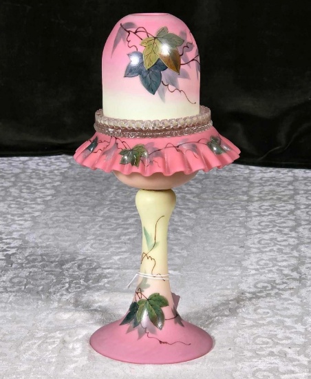 Webb Burmese Glass S. Clarke Patent Pedestal Fairy Lamp with Ivy Decoration