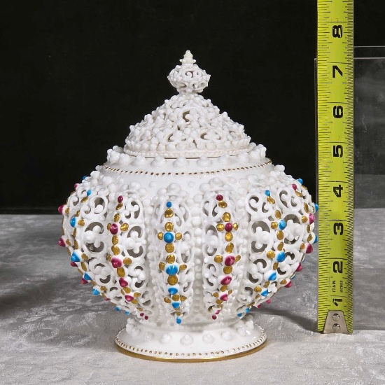 1890s Knowles Taylor and Knowles Lotus Ware 7 1/2" Covered Potpourri Jar