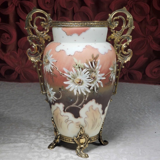 * CF Monroe Co Wavecrest Art Glass Vase with Gilt Mount Handles and Feet