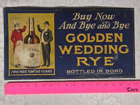 Metal Over Fiber Board Pre Prohibition "Golden Wedding Rye " Whiskey Advertising Sign By American