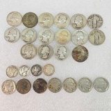 Collection Of 16 US Silver Quarters, 4 Silver Dimes And 7 Buffalo Nickels