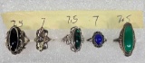 Lot Of 6 Sterling Silver And Gemstone, Onyx, Lapis, Black Hills Gold, Jade Rings