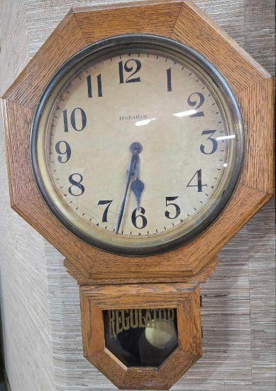 Antique Ingraham Oak Cased Octogon Regulator Key Wind Wall Clock | Art ...