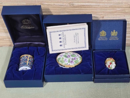 3 Halcyon Days Enamels Trinket Boxes in Orig. Boxes with Pamphlets
