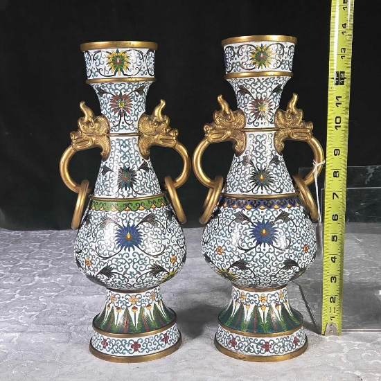 2 Antique Chinese Cloisonne 14" Vases with White Ground, Mask Face and RIng Accents