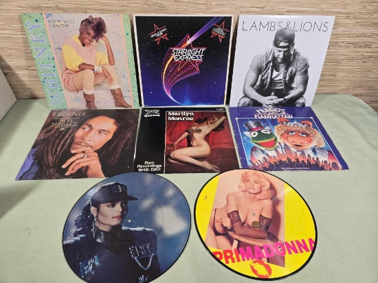 Eclectic Collection of 9 Vinyl Albums Incl. Marilyn Monroe, Madonna, & Bob Marley