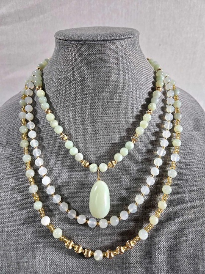 3 Strand 14K Yellow Gold Celadon & White Jade Bead Necklace