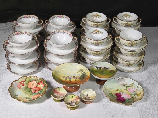 12 Limoges and Noritake Cream Soup and Liner Sets, Royal Bayreuth and Other Accent Pcs